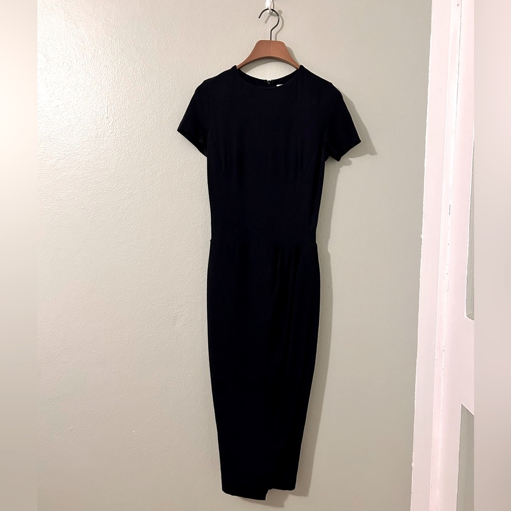 Elegant IRIS & INK Deep Navy Midi Sheath Dress with Wrap/Slit